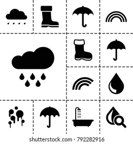 Rain icons. set of 13 editable filled rain icons such as boot, umbrella, shower, drop under magnifier, drop, rainbow, rain
