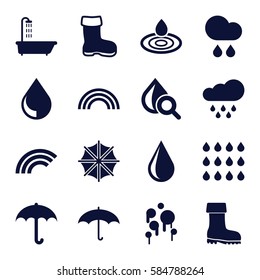 rain icons set. Set of 16 rain filled icons such as boot, shower, water drop, drop under magnifier, umbrella, rain, drop, rainbow