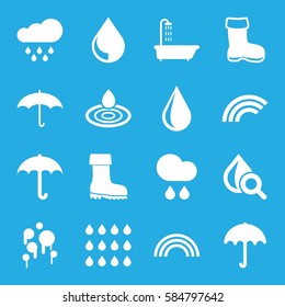 rain icons set. Set of 16 rain filled icons such as boot, umbrella, shower, water drop, drop under magnifier, rain, drop, rainbow
