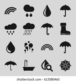 Rain icons set. set of 16 rain filled icons such as umbrella, shower, water drop, rain, boot, drop under magnifier, drop, rainbow