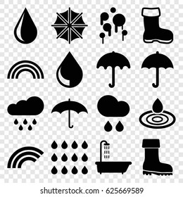 Rain icons set. set of 16 rain filled icons such as boot, umbrella, shower, water drop, rain, drop, rainbow