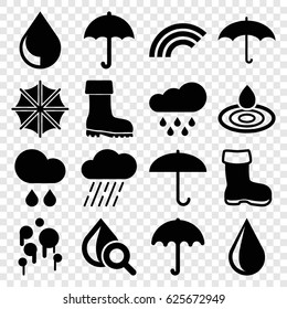 Rain icons set. set of 16 rain filled icons such as boot, umbrella, water drop, rain, drop under magnifier, drop, blood