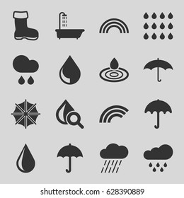 Rain icons set. set of 16 rain filled icons such as boot, umbrella, shower, water drop, rain, drop under magnifier, drop