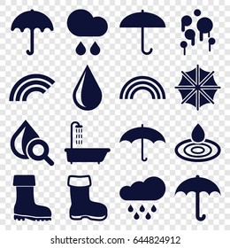 Rain icons set. set of 16 rain filled icons such as boot, umbrella, shower, water drop, drop under magnifier, rain, rainbow