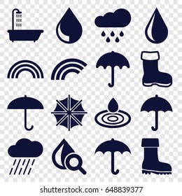Rain icons set. set of 16 rain filled icons such as boot, umbrella, shower, water drop, rain, drop under magnifier, drop