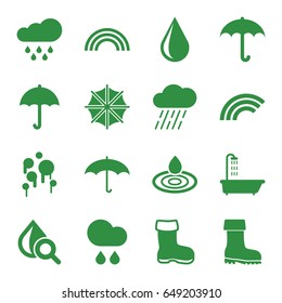 Rain icons set. set of 16 rain filled icons such as boot, shower, water drop, rain, drop under magnifier, umbrella, rainbow