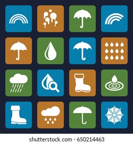 Rain icons set. set of 16 rain filled icons such as boot, umbrella, water drop, rain, drop under magnifier, drop, rainbow