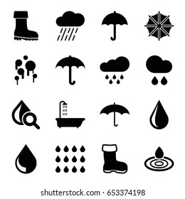 Rain icons set. set of 16 rain filled icons such as boot, shower, water drop, rain, drop under magnifier, umbrella, drop