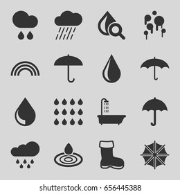 Rain icons set. set of 16 rain filled icons such as boot, shower, water drop, rain, drop under magnifier, umbrella, drop, rainbow