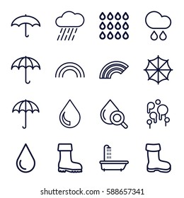 rain icons set. Set of 16 rain outline icons such as umbrella, shower, boot, water drop, rain, drop under magnifier, drop, rainbow