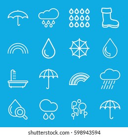 rain icons set. Set of 16 rain outline icons such as umbrella, shower, boot, water drop, rain, drop under magnifier, drop, rainbow