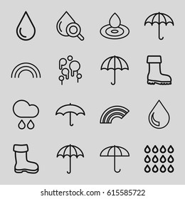 Rain icons set. set of 16 rain outline icons such as umbrella, boot, water drop, drop under magnifier, rain, drop, rainbow