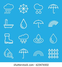 Rain icons set. set of 16 rain outline icons such as umbrella, shower, water drop, rain, boot, drop under magnifier, drop