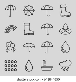 Rain icons set. set of 16 rain outline icons such as umbrella, shower, boot, water drop, drop, rain, blood