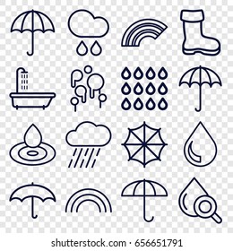 Rain icons set. set of 16 rain outline icons such as umbrella, shower, boot, water drop, rain, drop under magnifier, drop, rainbow