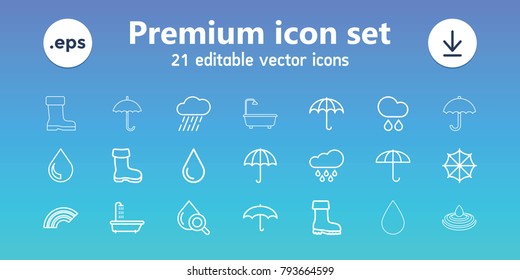 Rain icons. set of 21 editable outline rain icons includes boot, shower, water drop, umbrella, rain, drop under magnifier, drop