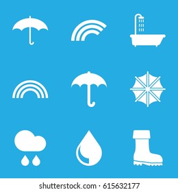 Rain icons set. set of 9 rain filled icons such as shower, boot, umbrella, rain, drop