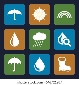 Rain icons set. set of 9 rain filled icons such as boot, umbrella, water drop, rain, drop under magnifier, drop