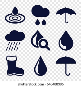 Rain icons set. set of 9 rain filled icons such as boot, water drop, rain, drop under magnifier, umbrella