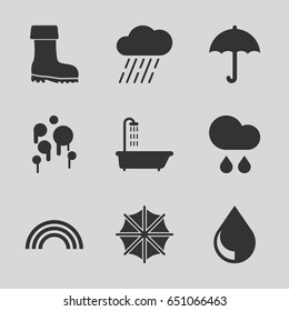 Rain icons set. set of 9 rain filled icons such as shower, rain, boot, drop, rainbow, umbrella
