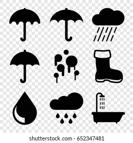 Rain icons set. set of 9 rain filled icons such as boot, umbrella, shower, rain, drop