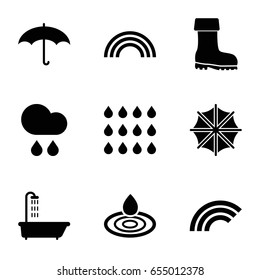 Rain icons set. set of 9 rain filled icons such as shower, water drop, boot, umbrella, rain, drop