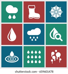 Rain icons set. set of 9 rain filled icons such as boot, water drop, drop under magnifier, rain, drop, umbrella