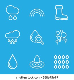 rain icons set. Set of 9 rain outline icons such as water drop, boot, drop under magnifier, rain, drop, rainbow