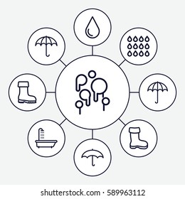 rain icons set. Set of 9 rain outline icons such as umbrella, shower, boot, water drop, drop