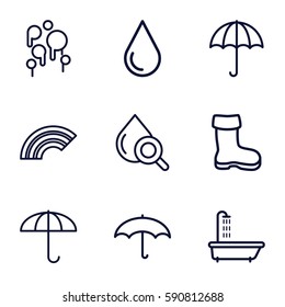 rain icons set. Set of 9 rain outline icons such as shower, boot, water drop, drop under magnifier, umbrella, blood