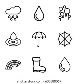 Rain icons set. set of 9 rain outline icons such as umbrella, boot, water drop, drop, rain, blood