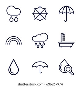 Rain icons set. set of 9 rain outline icons such as shower, water drop, drop under magnifier, umbrella, rain