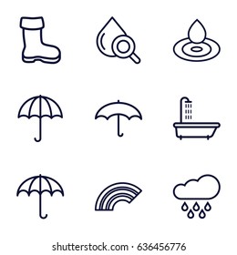 Rain icons set. set of 9 rain outline icons such as shower, boot, water drop, drop under magnifier, umbrella 