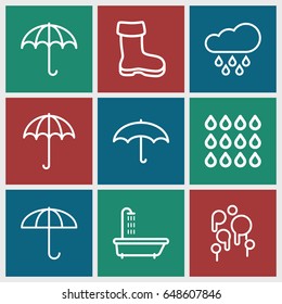 Rain icons set. set of 9 rain outline icons such as umbrella, shower, boot, drop, rain
