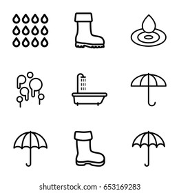 Rain icons set. set of 9 rain outline icons such as umbrella, shower, boot, water drop, drop