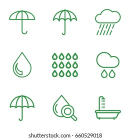 Rain icons set. set of 9 rain outline icons such as umbrella, shower, rain, drop under magnifier