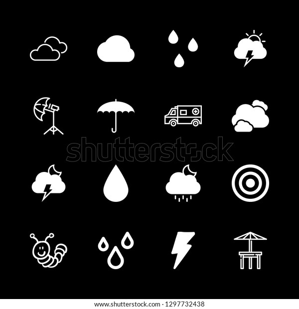 rain icons set with clouds\
black storm weather symbol, umbrella opened shape and lightning\
vector set