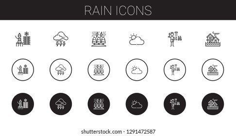 rain icons set. Collection of rain with cold water, storm, cloudy, shower, flood. Editable and scalable rain icons.