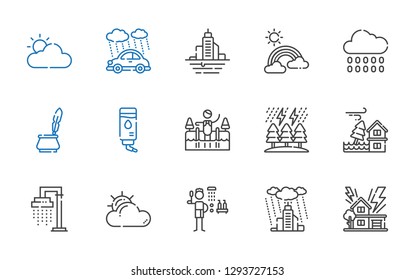 rain icons set. Collection of rain with storm, shower, cloudy, flood, cold water, water, ink, rainbow. Editable and scalable rain icons.