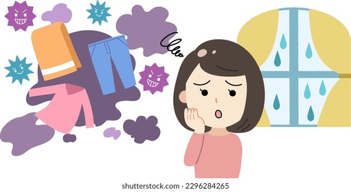 Rain illustration of a woman suffering from the smell of drying clothes in the room