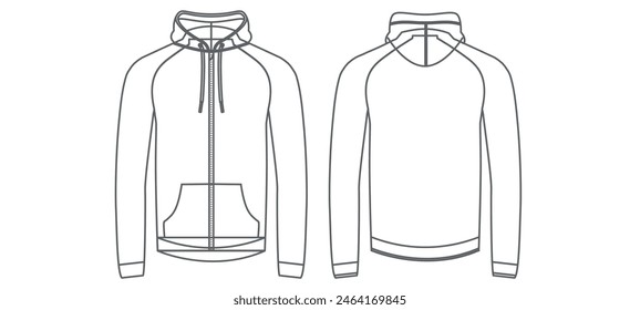 Rain jacket design flat sketch Illustration, Hooded sweater jacket with front and back view, winter hoody jacket for Men and women. for hiker, outerwear and workout in winter