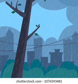 Rain landscape. Flat style vector illustration.