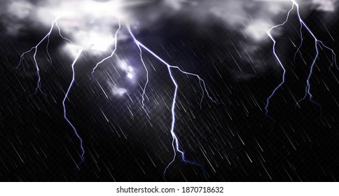 Rain with lightning and clouds in sky at night. Vector realistic illustration of thunderstorm, cold storm weather with wind, rainfall and thunderbolt strikes isolated on transparent background