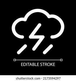 Rain and lightning white linear ui icon for dark theme. Weather condition. Thundershower. Vector line pictogram. Isolated user interface symbol for night mode. Editable stroke. Arial font used