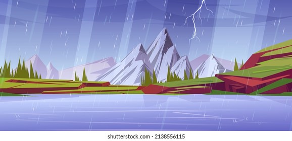 Rain and lightnings at mountain nature landscape with water pond, snowy peaks, green grass on rocks and conifers. Cartoon background with thunderstorm weather on lake, scenery view Vector illustration