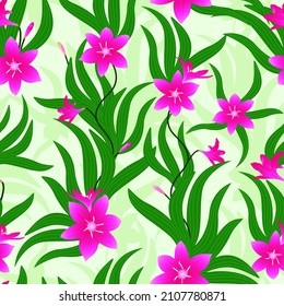 patrón de lirios sin costura. flores de lirios rosas exóticas y hojas verdes. jardín de verano. bien para tela, textil, envoltura, papel pintado, vestido, etc.