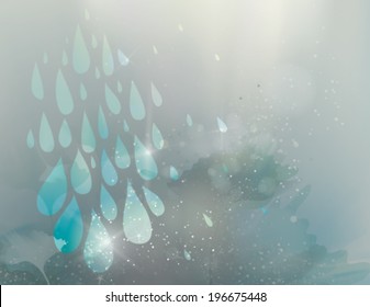 Rain in the magic garden / Fairy floral background with raindrops 