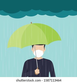 Rain and man holding umbrella flat design vector illustration
