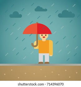 rain man with umbrella flat illustration umbrella rain weather forecast cloud vector illustration. weather icon logo forecast rainy clouds rainfall raining cats and dogs parasol banner icon