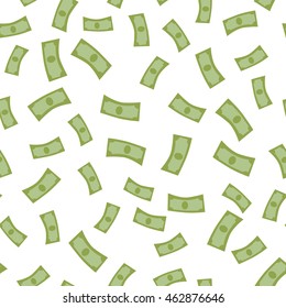 Rain from money seamless background vector. Falling banknotes in flat design. Getting maximum profit idea. Cash for all purposes. Illustration for credit, savings, charitable concepts